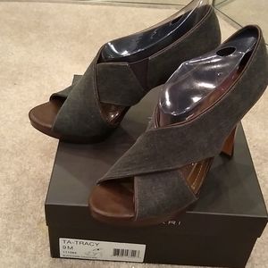 Tahari denim and leather heels, peep toe, blue, black, brown